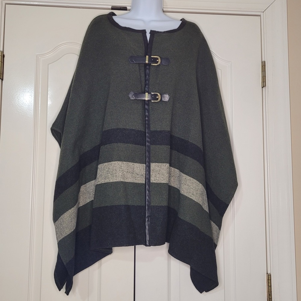 NWT Rafaella Spruce Heather Green & Black Striped Wool Blend Poncho/Cape Size M